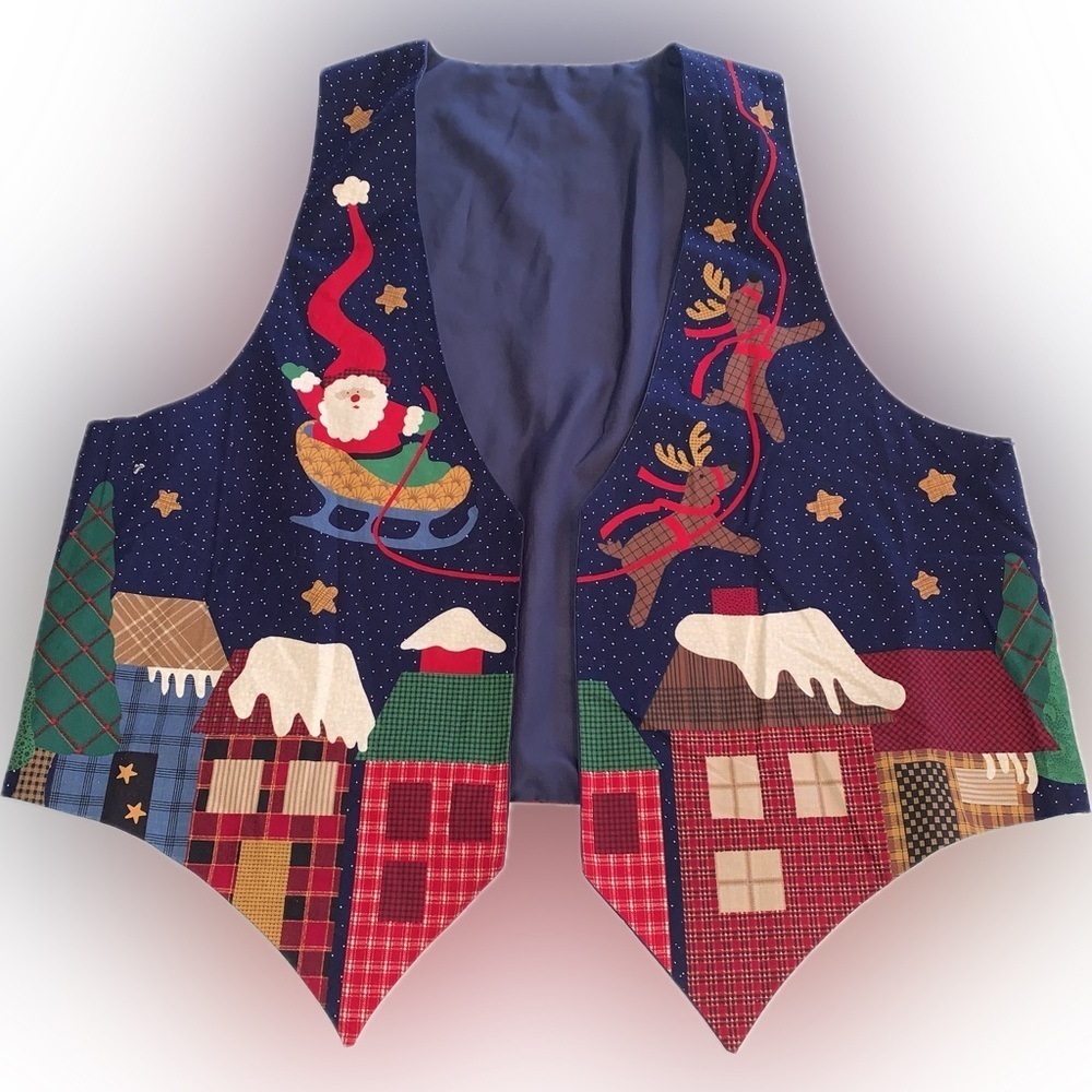 Festive Faux Patchwork Christmas Holiday Vest Santa Reindeer Snowy Village L/XL